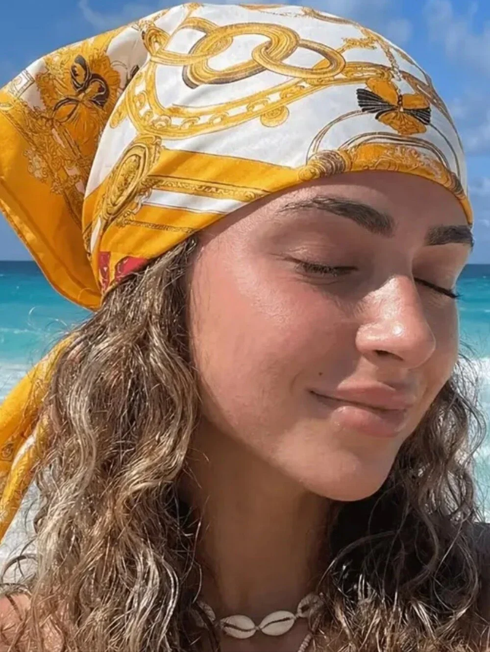 Silk-feel Yellow & White Printed Women's  Head Scarf , Neck Scarf